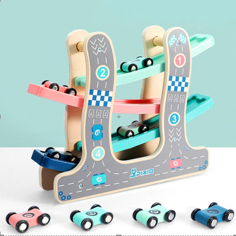 

Wooden Track Car Toys Gliding Cars Race 4 Layers Slider Ladder Slot Track Play Set For Kids Turn Back Ramp Car Racing Games Gift