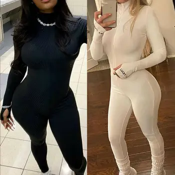 

Womens Fashion Playsuit Bodycon Long Sleeve Zipper High Neck Jumpsuit Autumn Winter Trousers Tracksuits Black White