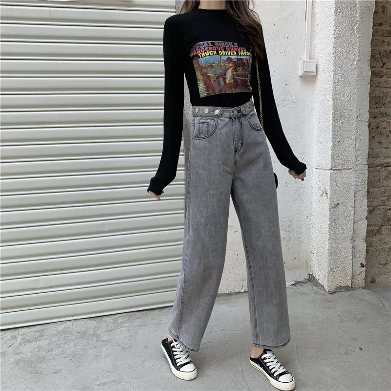 S-XL autumn and winter korean chic style women denim Pants grey blue high waist jeans women straight pants womens(Z8019