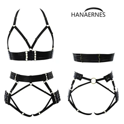 HANAERNES Elastic Adjustment Punk Dance Carnival Costume Gothic Suspender Bra Women's Black Tight Top Garter Sexy Lingerie Set