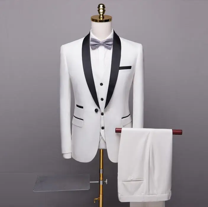 Роскошный мужской костюм, повседневный Свадебный костюм жениха, мужской костюм с шалевым воротником, 3 предмета, модный Мужской приталенный деловой костюм, Королевский мужской смокинг - Цвет: white