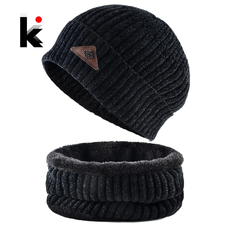 Knitted Skullies Beanies Men's Winter Thick Knitting Solid Hats And Scarf Sets For Men Outdoor Russia Snow Beanies Warm Ski Set