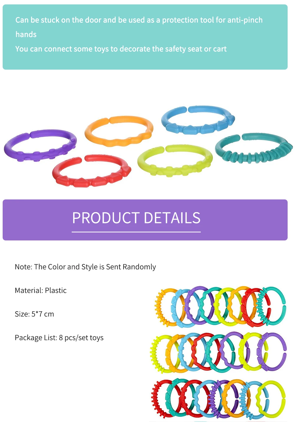 8Pcs/set Plastic Grip Baby Teether Rattles Rubber Rainbow Ring Molars Rattle Safety Toys for Children Crib Bed Stroller Hanging