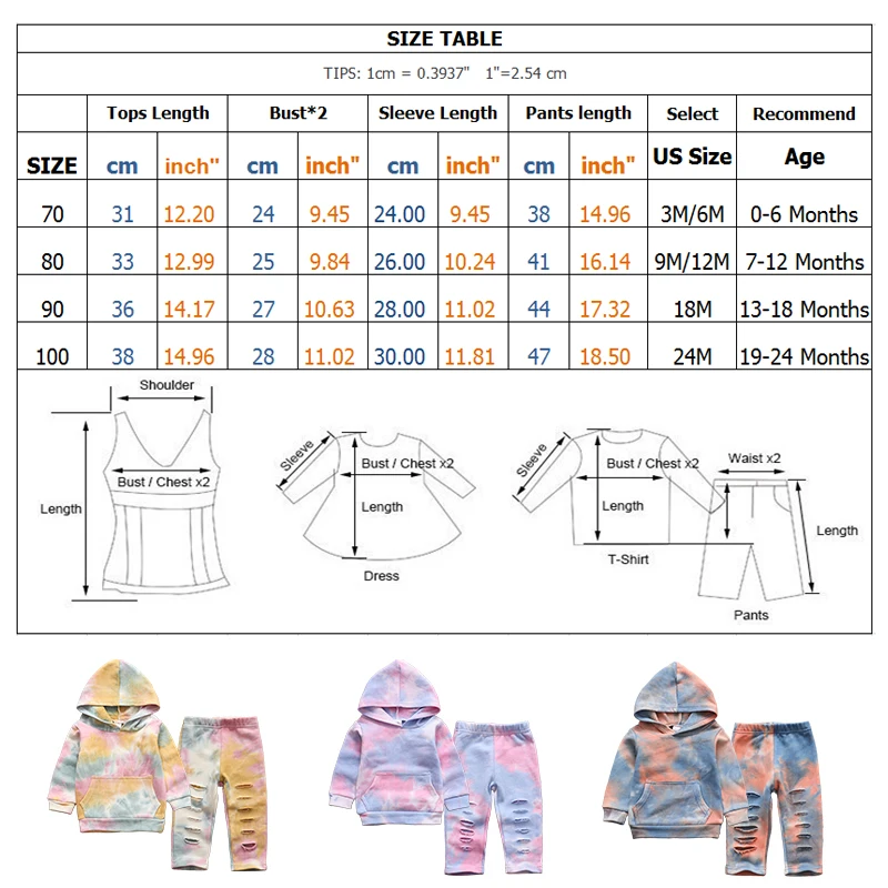 가을 남아 여아 의류 세트, 용수철 의상 후드, 탑 및 바텀 패션 타이 다이, 의류 세트, 2 개