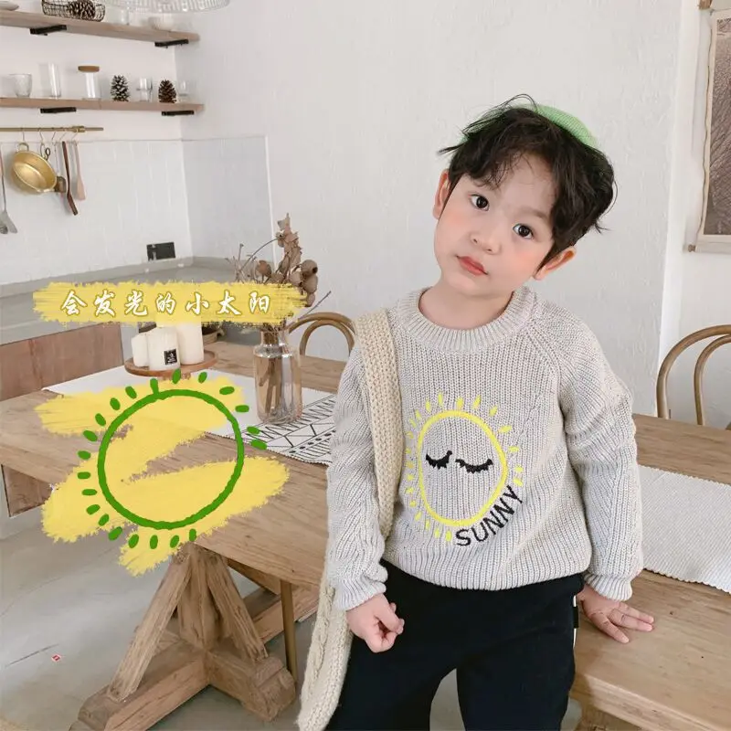 

South Korea Childrenswear Winter Style Night Light Small Sun Children plus Velvet Sweater Pullover BOY'S Girls Thick Sweater