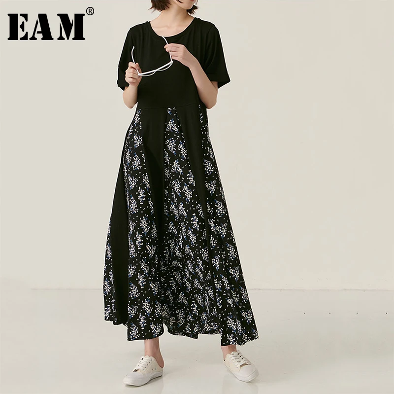 

[EAM] Women Print Mixed Color Spliced Long Dress New Round Neck Short Sleeve Loose Fit Fashion Tide Spring Autumn 2019 JL912