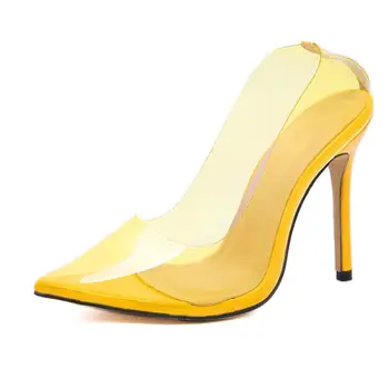 

2020 Western Woman Sandals Elegant Pointed Toe Yellow Blue High Heels Transparent PVC Shallow Stilettos Summer Pumps Party shoes