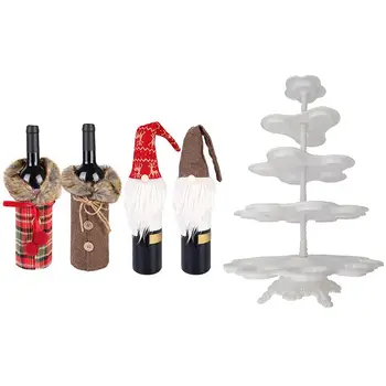 

4PCS Christmas Wine Bottle Sweater Cover Sweater Christmas Wine Bottle Cover Set & 1x 5-Tier Round Cupcake Stand-Holder