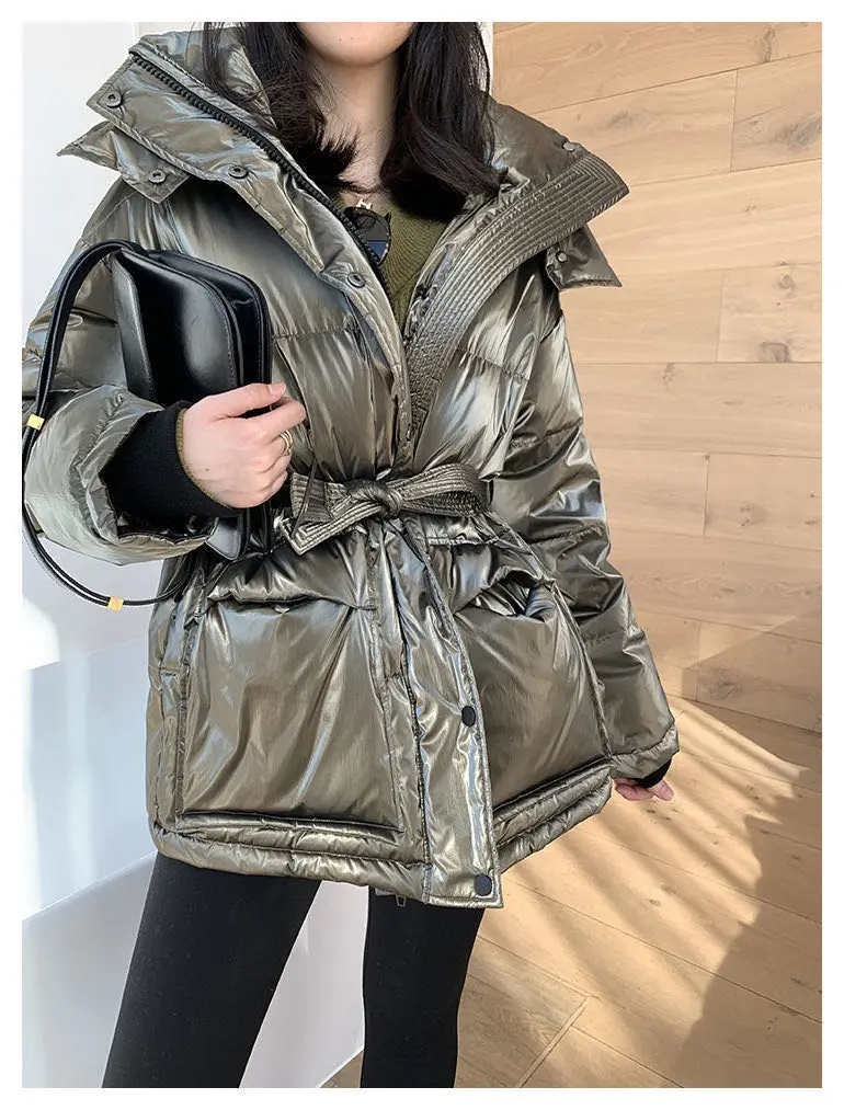 Casual Loose Glossy Hooded Down Jacket Women Fashion Solid Winter Thick Warm White Duck Down Coats Female Elegant Belt Parkas black parka