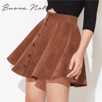 

Solid Button Up Flare Cord Skirt Women 2020 Preppy Summer Casual Spring Ladies Fashion Mid Waist Short Skater Skirts