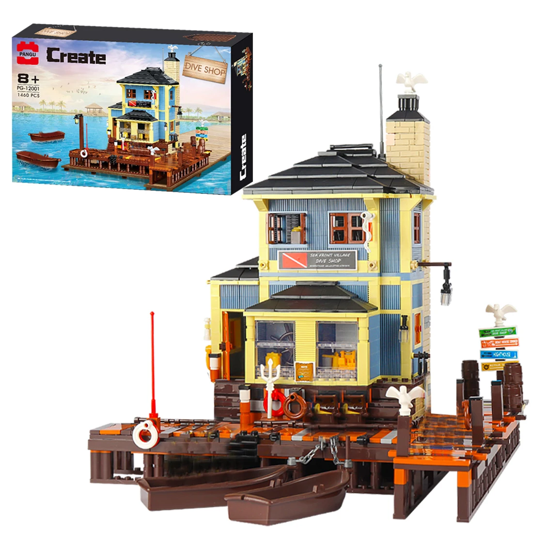 1460Pcs Street View Series Architecture Model Seaside Fisherman Diving Shop Bricks Toy block assembly toys Children gifts