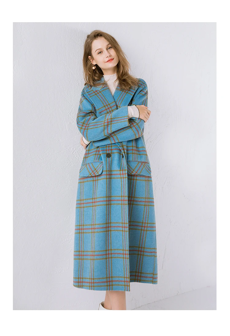 YOYOCATHY, синее клетчатое шерстяное пальто для женщин, зима, свободные винтажные длинные пальто, женское элегантное пальто, куртка