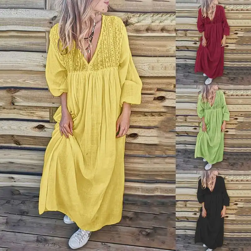 

2019 New Fashion Lace Stitching V Neck Dress Women Long Sleeve Maxi Dresses ZANZEA Ladies Party Long Vestidos Kaftan Robe Femme