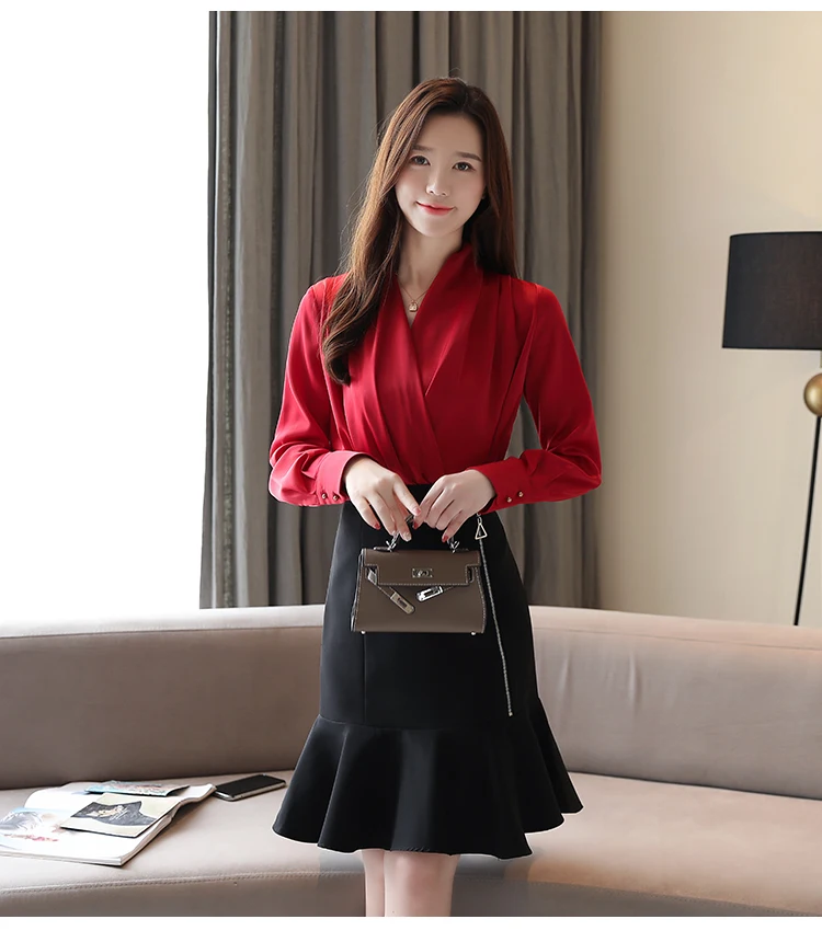 9 colors v-neck slim satin blouse shirt autumn new korean long sleeve wrap blouses OL office ladies white shirt tops