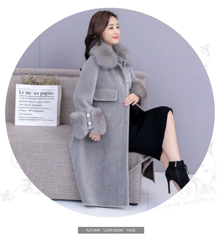 Women winter faux fox fur collar warm artificial sheep fur cashmere fabric medium long coat casacos abrigos plus size MLXLXXL4XL