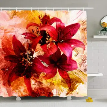 

Shower Curtain Set with Hooks 72x72 Flower Stylized Bouquet Red Texture Stain Greeting Bloom Brown Lilies On Grunge Abstract