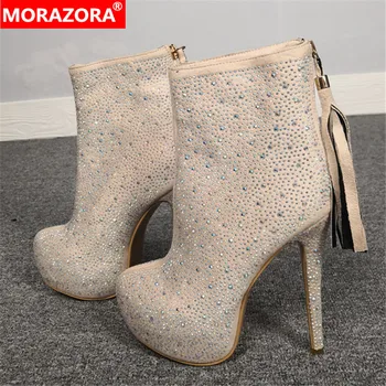 

MORAZORA 2020 big size 47 ankle boots women crystal round toe thin high heels platform boots sexy party wedding shoes ladies