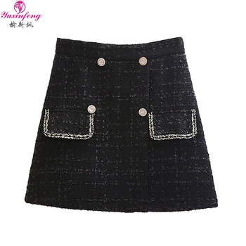 

Yuxinfeng Short Tweed Skirt Women Elegant Autumn Spring Korean Black High Waist Pockets Button Mini Wool Skirts Lady Clothing