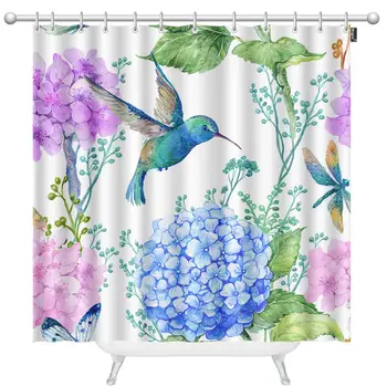 

Bird and Floral Shower Curtains Watercolor Flowers Butterflies and Hummingbird Decorative Bathroom Waterproof Fabric Shower