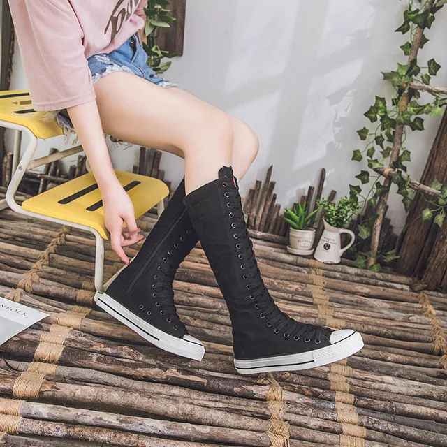 US $17.15 2020 New Spring autumn Women Shoes Canvas Casual High Top Shoes Long Boots Lace-Up Zipper Comfortab