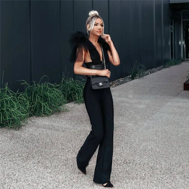 Adogirl Sheer Mesh Bow Fashion Jumpsuit with PU Leather Waistcoat Sexy V Neck Sleeveless Romper Wide Leg Pants Women Overalls Adogirl Sheer Mesh Bow Fashion Jumpsuit with PU Leather Waistcoat Sexy V Neck Sleeveless Romper Wide Leg Pants Women Overalls