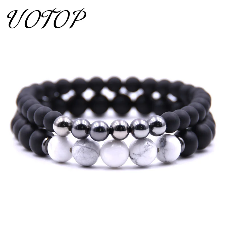 

UOTOP 2pcs/set Handmade Women Men Bracelet Jewelry Charm Black Scrub Beads Natural Stone Bracelets Couple Gift For Lover