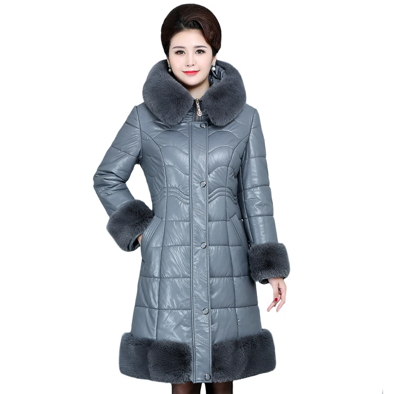 Мягкая меховая кожаная куртка, утолщенная теплая зимняя куртка, женские длинные парки с меховым воротником, кожаные пальто, женская верхняя одежда размера плюс 6XL