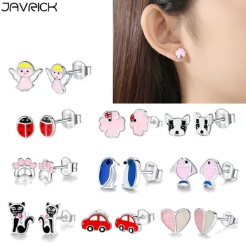 

925 Sterling Earrings Children Jewelry Red Enamel Animal Ladybug Car Heart Small Stud Earrings For Kids GirlsBaby