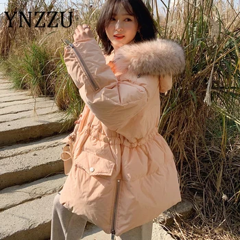 

YNZZU 2020 Winter Solid Women's Down Jacket Pink Blue Hooded Long Style Thick Warm White Duck Down Coat Snow Outwears A1532