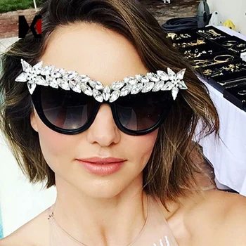 

SHAUNA Luxury Hand Made Crystal Decoration Oversized Women Cateye Sunglasses Fashion Ladies Gradient/Clear Lens Glasses UV400