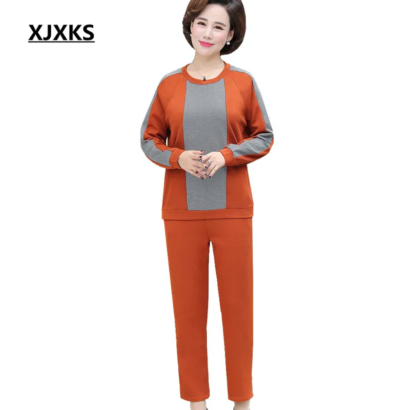 

XJXKS 2019 autumn new comfortable women two-piece set loose plus size long-sleeved tops + elastic waist ankle-length pants
