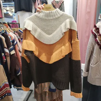 

HAMALIEL Runway Autum Winter Women Loose Sweater Tops Fashion Ruffles Colour Matching Knitted Thick Stand Collar Warm Pullovers
