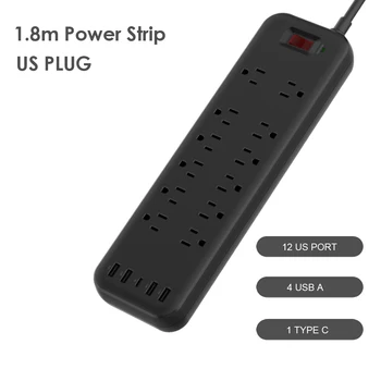 

Power Strip 1.8m Extension Cord WITH 12 AC 4 USB 1TYPE C US PLUG 1875W