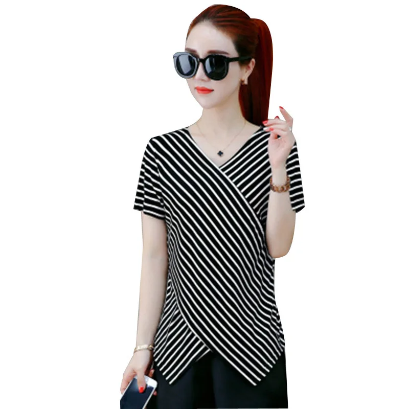 

Summer Striped T-Shirts Women Casual Short Sleeve V Neck TShirt Female Casual Tops 2019 Fashion White Tunic Clothing Hot Sale
