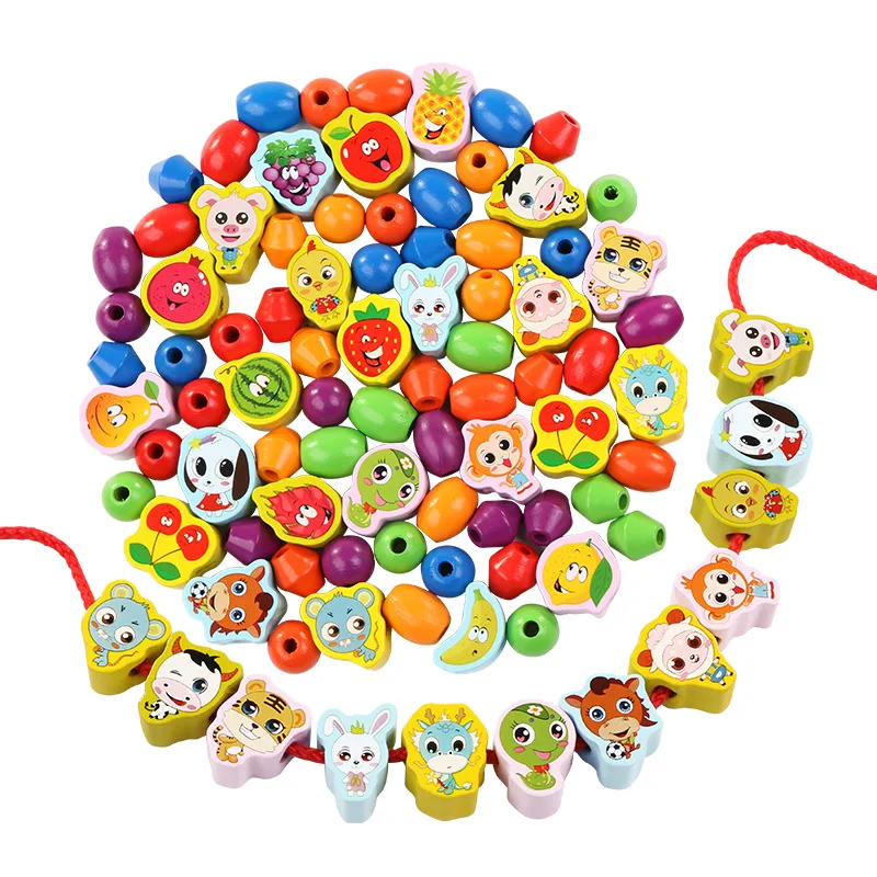 Nouveaux enfants jouets en bois dessin animé fruits animaux perles jouets tirer dentelle bois perles jeu Puzzle bricolage créatif correspondant accessoires perles