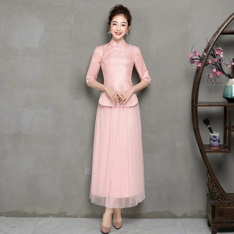 B3 long pink 2 шт./компл. Винтаж китайский Стиль Ретро тостов платье брак Cheongsam Qipao вечерние свадебное платье подружки невесты золото платье для выпускного вечера - Цвет: B3 long pink