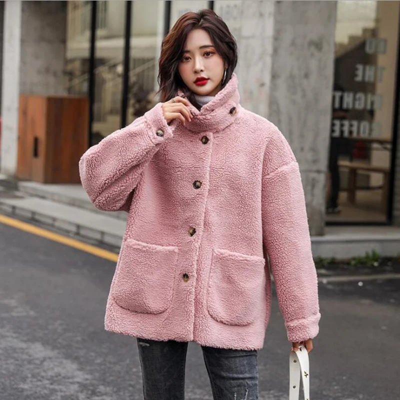 Pink Новая стрижка овец пальто дамы гранулы бархат короткий мех один мех ягненка трава куртка Паркера женская одежда - Color: Pink