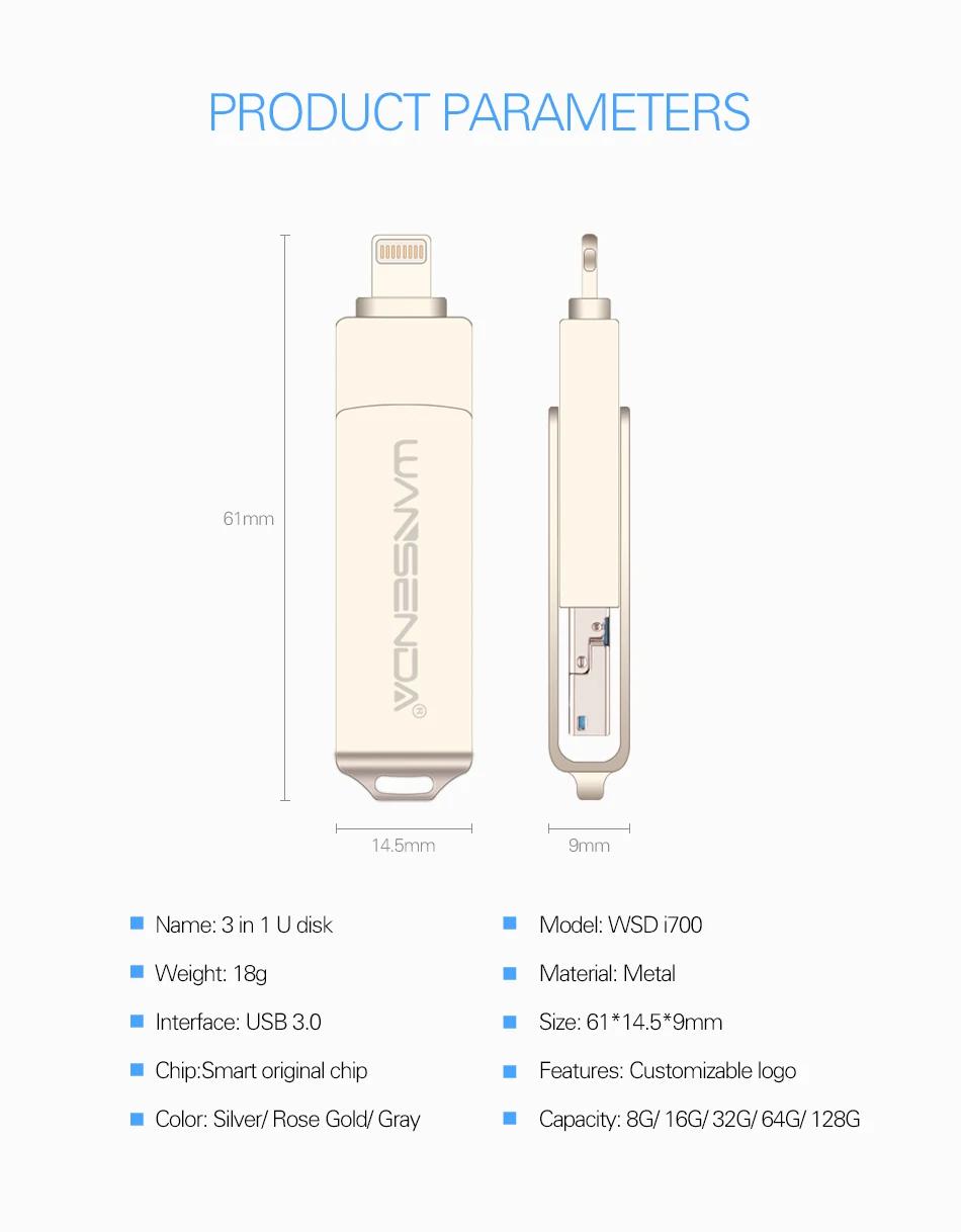 WANSENDA Usb 3,0 USB флеш-накопитель 128 Гб OTG флеш-накопитель 32 Гб 64 Гб Флешка 3 в 1 микро Usb флешка для iPhone/Android/PC