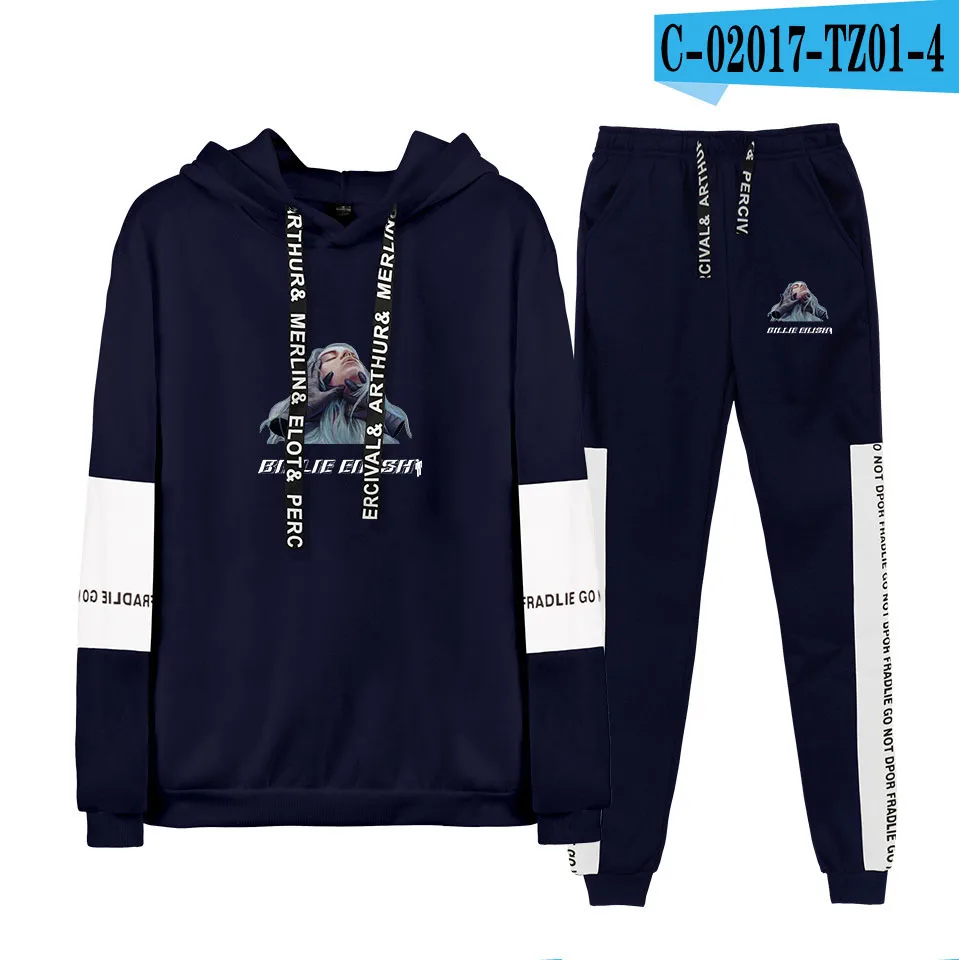 FRDUN/ осень/зима Billie Eilish горячая Распродажа толстовки/спортивные штаны для мужчин комплект из двух предметов с капюшоном бархатный костюм 4XL - Цвет: Тёмно-синий
