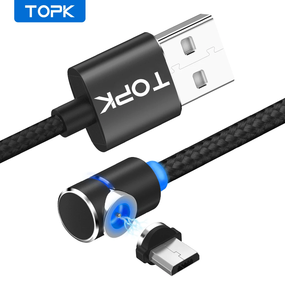 Магнитный светодиодный кабель Micro USB TOPK L Line1 1 м и 2 зарядный образной формы с углом