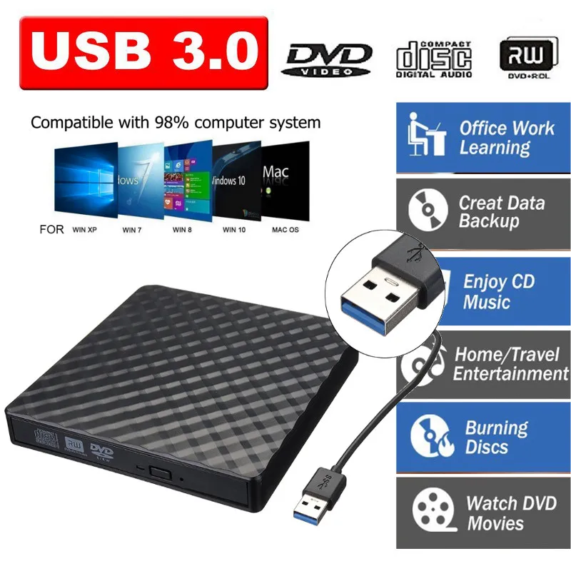 USB 3,0 тонкий внешний DVD RW CD Писатель Привод горелки ридер плеер Оптические приводы для портативных ПК