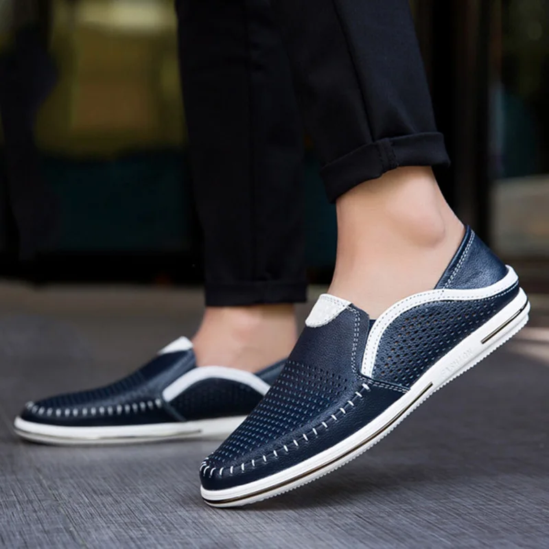 

Genuine Leather Shoes Men Sandals 2019 Summer Casual Holes Shoes Slip-on Flat Cow Leather Male Loafers Shoes Black White A1295
