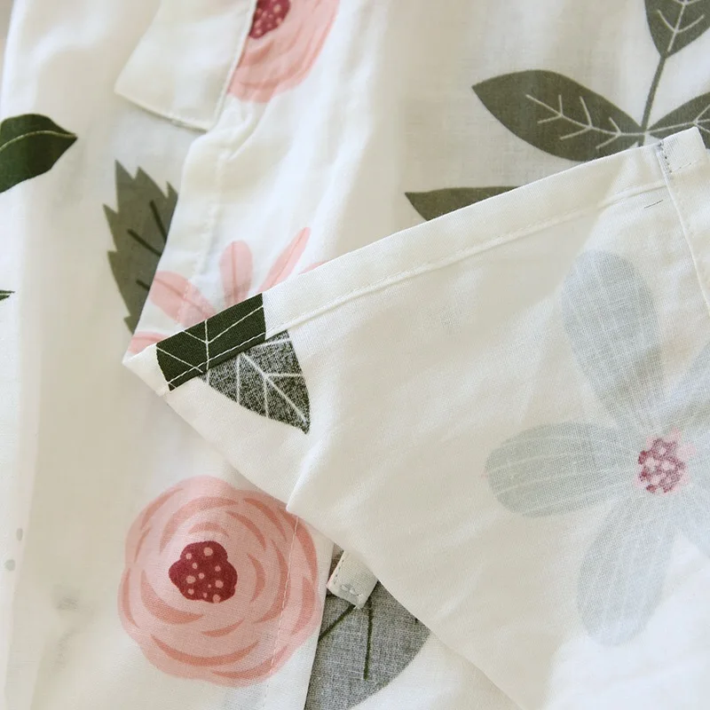 Women Pajamas Set Rose Printed Ladies Kimono Style Loose Thin V-Neck Three-Quarter Sleeves Gauze Cotton 2Pcs Sleepwear Loose Homewear women pajamas set women pajama suit