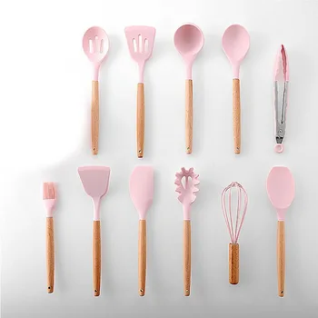 

Wood Hand Silicone Cooking Utensil Kitchen Tools Turner Soup Spoon Strainer Pasta Server Egg Beater Spatula Food Tongs Pink