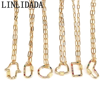 

6Pcs Rainbow CZ Micro Pave Heart Oval Round Pendant Necklaces Punk Link Chain Gold Color Jewellery Spiral Buckle Necklac