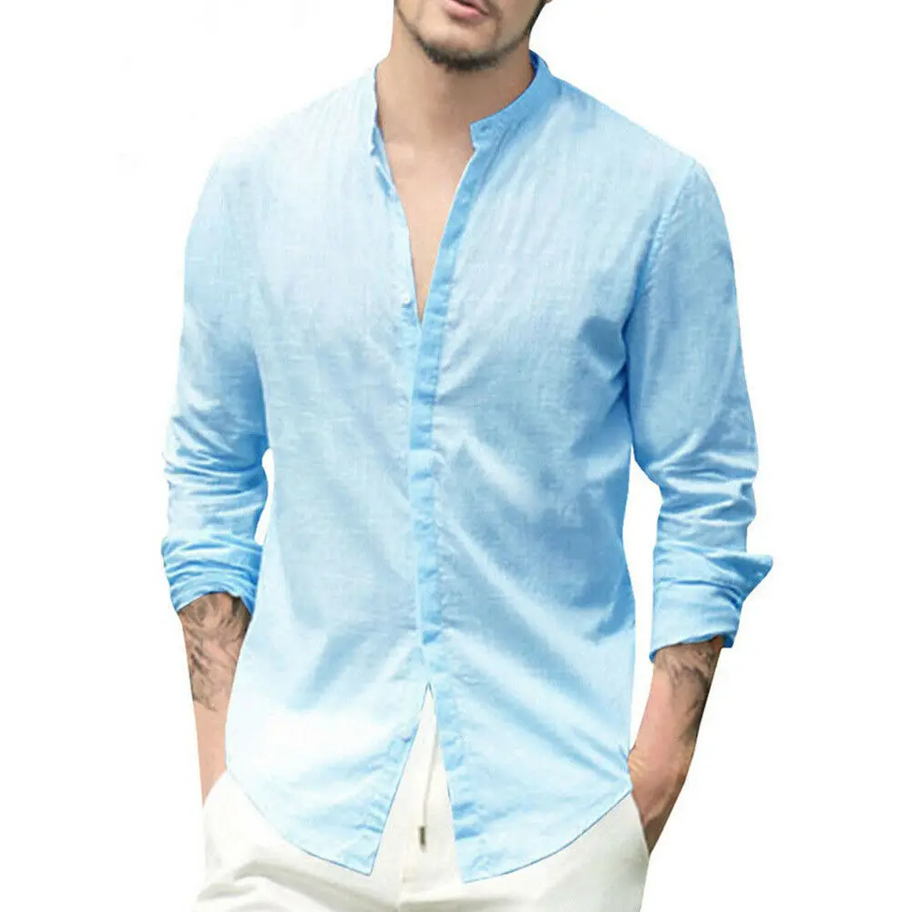 

2019 Summer Fashiom Men's Linen Stand Collar Long Sleeve Shirts Basic Simple Men Solid Blouses Shirts Casual Tops