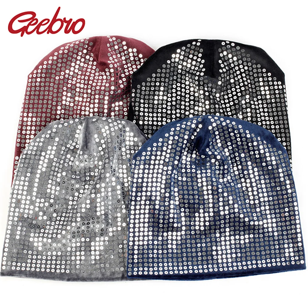 Geebro Зимняя Шапка-бини для девочек и женщин, зимние шапки, бархатный пуловер с блестками для взрослых, шапка с черепом, теплая плотная шапка