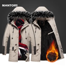 Мужские зимние парки с меховым воротником, Длинные куртки, флисовые теплые пальто, повседневная мужская Толстая ветровка, приталенная куртка с капюшоном, пальто