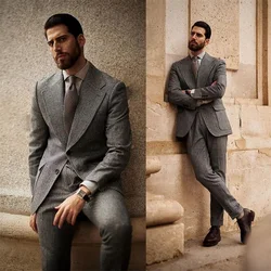 Houndstooth 2 Pieces Men Suits Woolen Costumes Hommes Custom Made Formal Business Tuexdos Prom Blazer+Pant Office Suit Sets