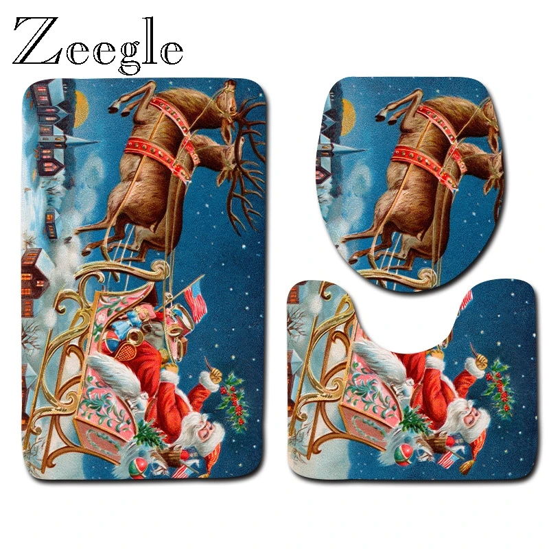Zeegle Christmas Bath Mat Set Anti Slip Foot Mat Absorption Toilet Pedestal Rug Flannel Toilet Seat Cover Mat 3pcs Toilet Set